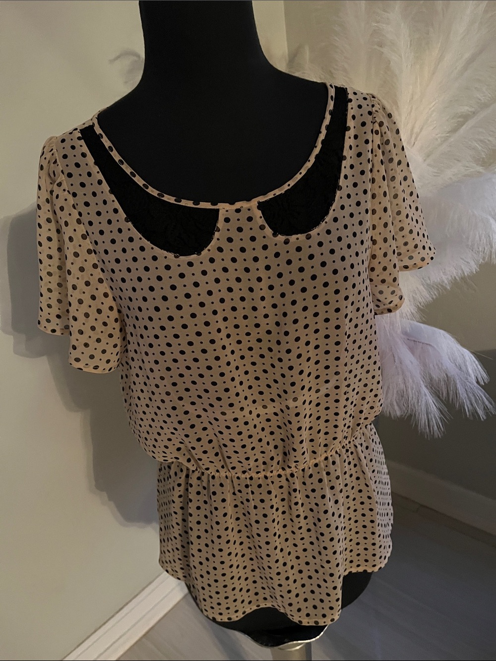 Vintage Beige Polka Dot Blouse with Black Lace Collar